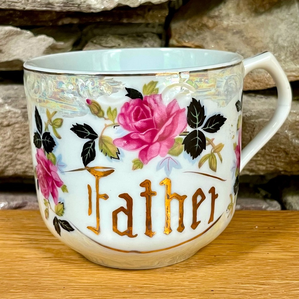 VTG Father Mug Roses Iridescent Japan Victorian Cup Gold Father's Day